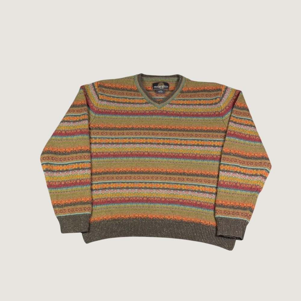Weatherproof Garment Co Mens Large V-Neck Fair Isle Striped Knit Sweater Brown